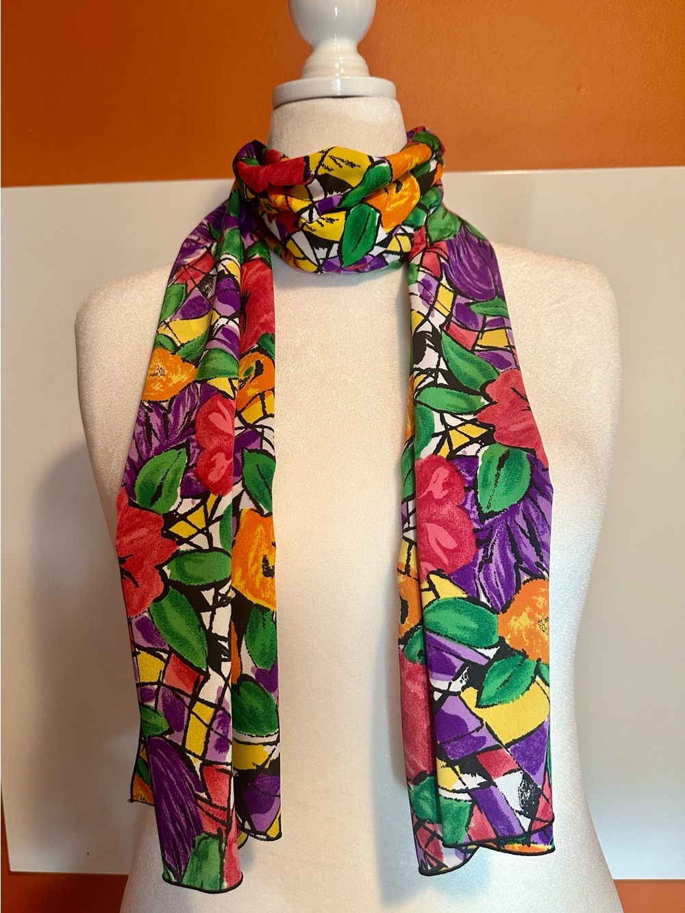 Vintage 90s Abstract Floral Oversized Rectangular Scarf – Vibrant Pop Art Print
